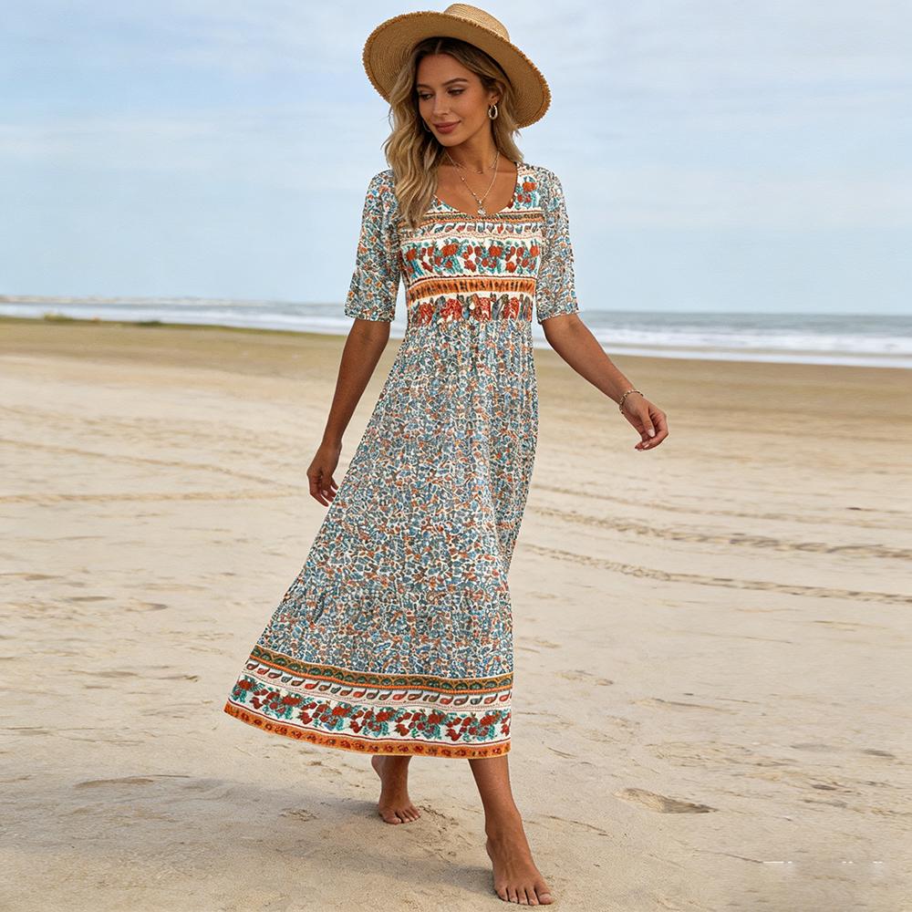 Women Bohemian Print Half Sleeve Flowy Midi Dress Elegant Outdoor Daily Wear
