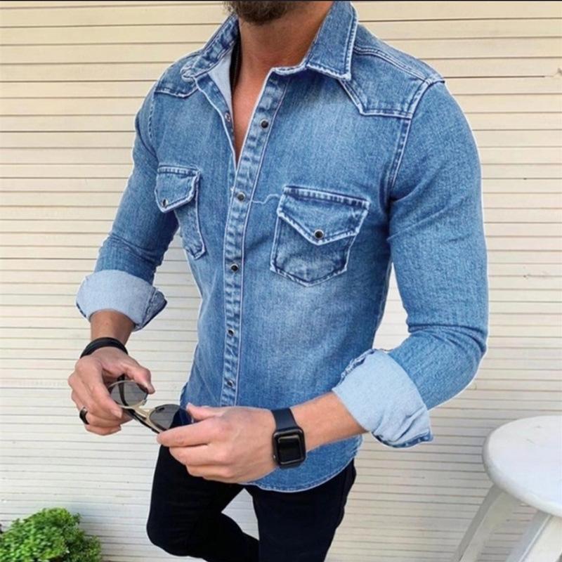 Men's Long-sleeved Slim Washed Denim Shirt Simple Casual Commuter Jacket