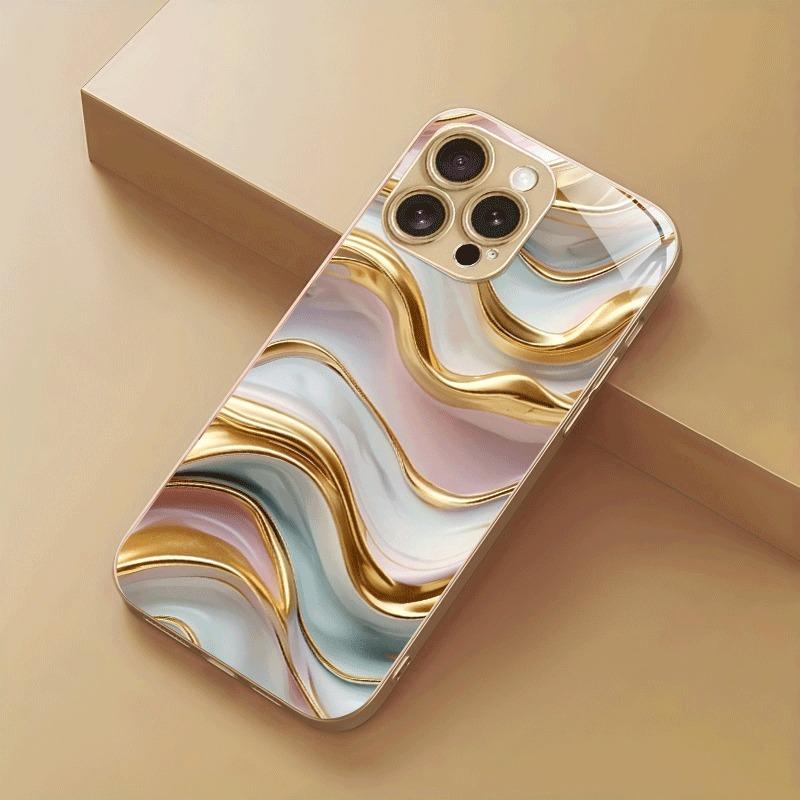 Funda de Teléfono de Vidrio Templado con Patrón de Piedra de Mármol y Pintura Metálica Dorada para iPhone 11 12 13 14 15 16 17 Pro Max Plus 17Air 16E