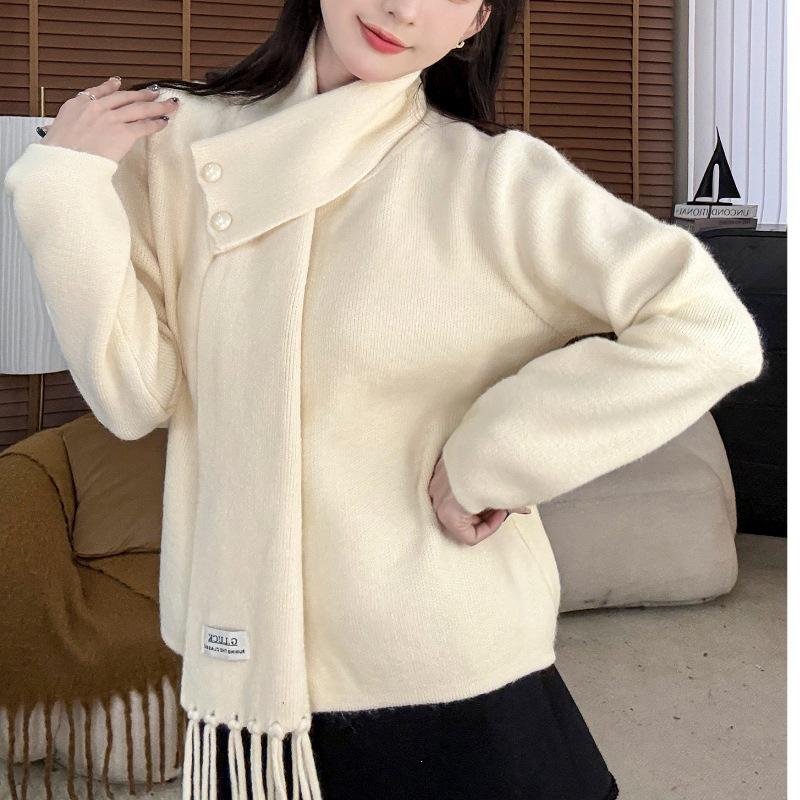 Retro Red Christmas Sweater with Detachable Scarf - Women's Winter Knit Top
