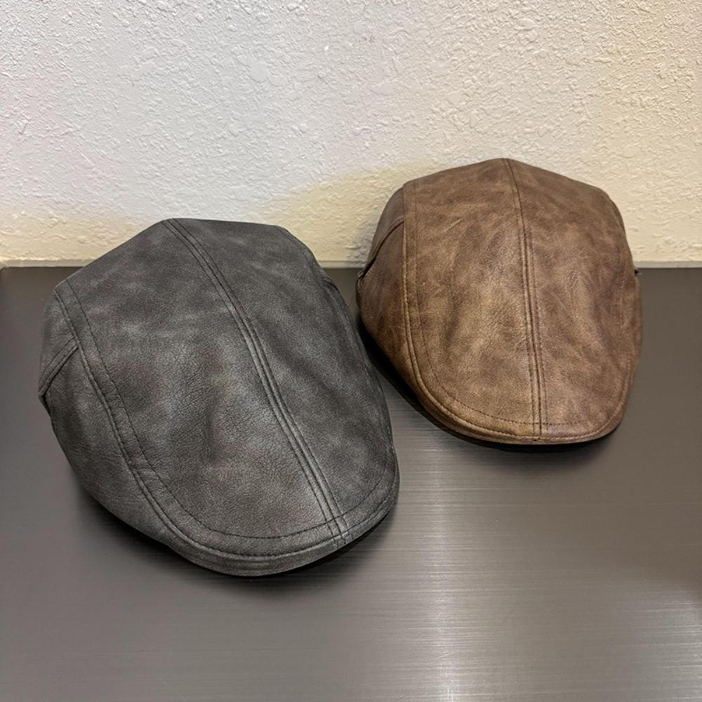 American Retro PULeather Plain Baker Beret Hat for Women Autumn Winter Unisex Beret Newsboy Cap Thicken Warm Duckbill Peaked Cap