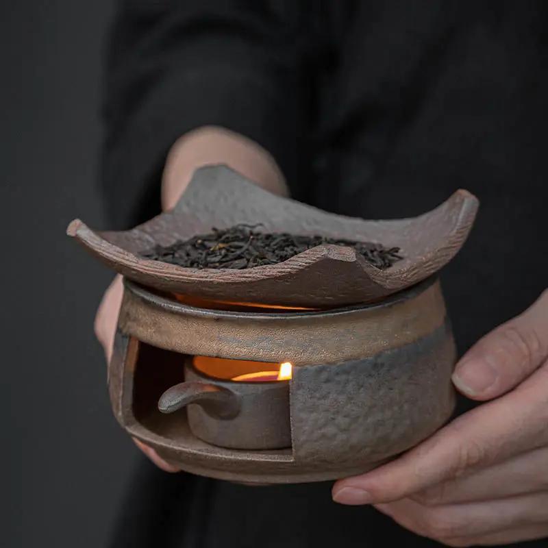 Classic Style Hot Tea Roasting Stove Set with Gilded Iron Glaze Heating Base Warm Tea Roasting Stove Tea Beverage Ceremony Accessories