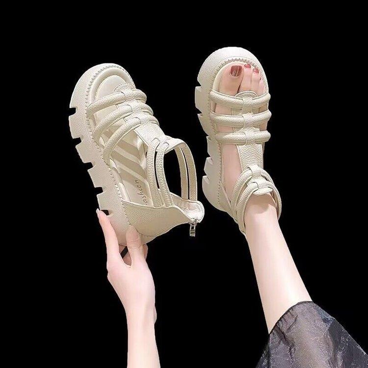 2025 Korean Tide Muffin Thick-soled Thin-ribbon Sandals Summer with Skirt Roman Leather Sandals Women's Zipper Open-toe