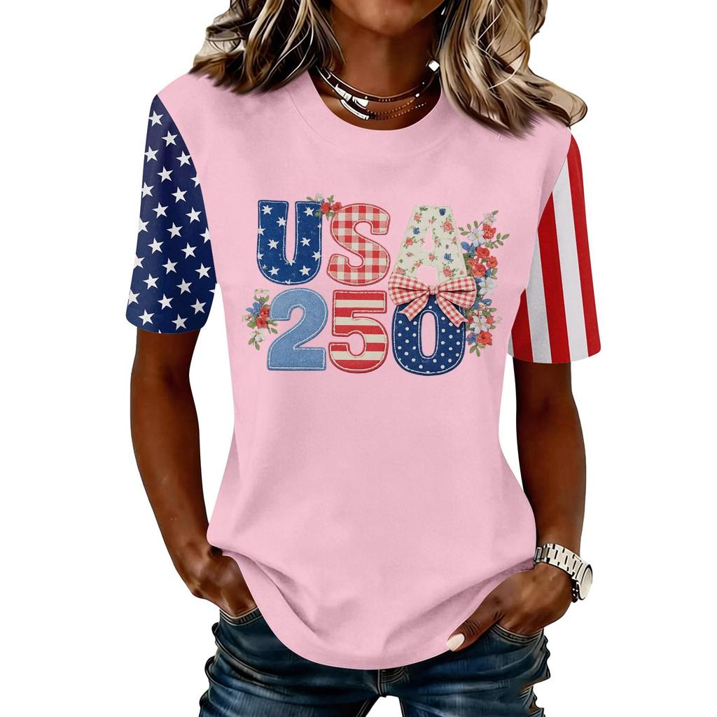 Blusa Feminina da Moda Casual de Manga Curta com Estampa e Gola Redonda