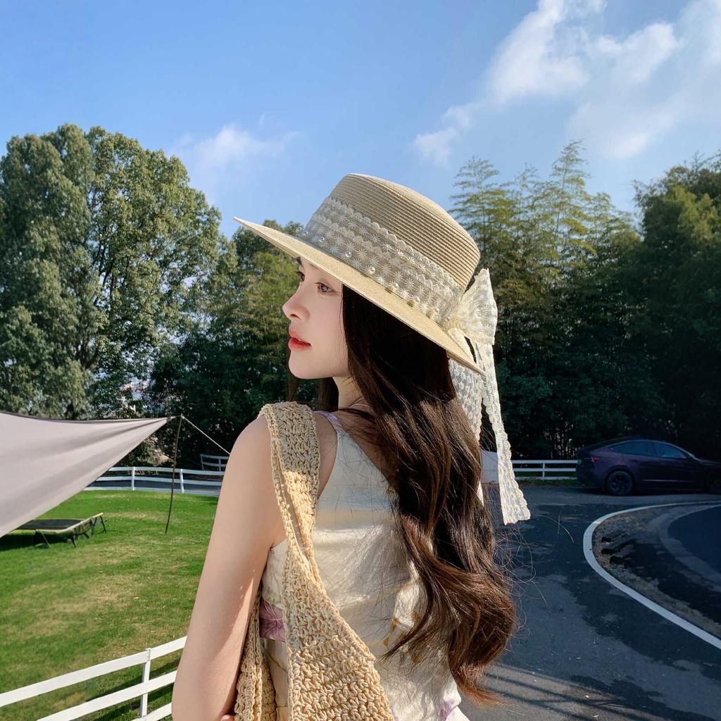 Hat Women's Versatile Lace Strap Bow Dome Straw Hat Summer Travel Shade Sunscreen Big Brim Basin Hat