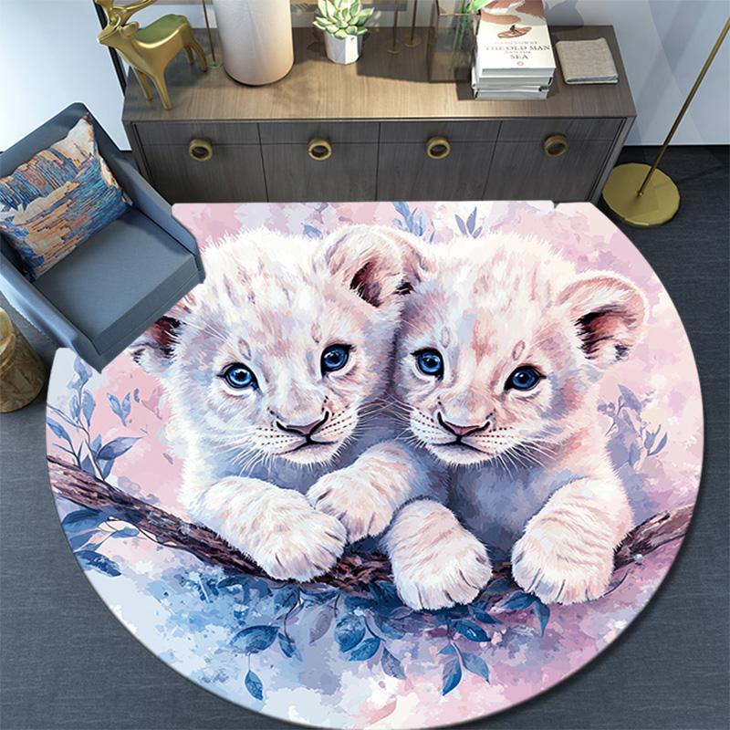Lion Cubs Round Area Rug,Carpet Rug for Living Room Bedroom Sofa Playroom Decor,Non-slip Floor Mat