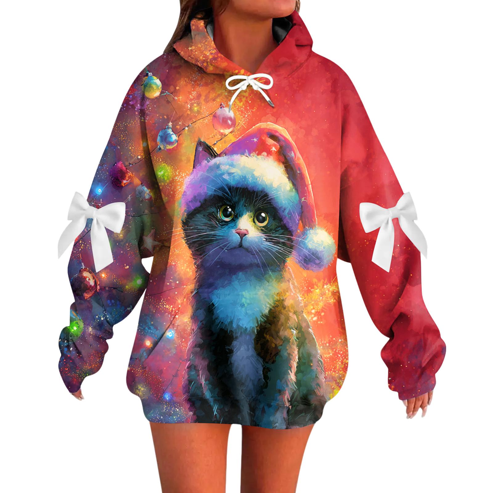 

Женский рождественский с принтом банта, с длинными рукавами, свободного кроя, повязка на голову с веревкой, худи-топ с капюшоном S красный