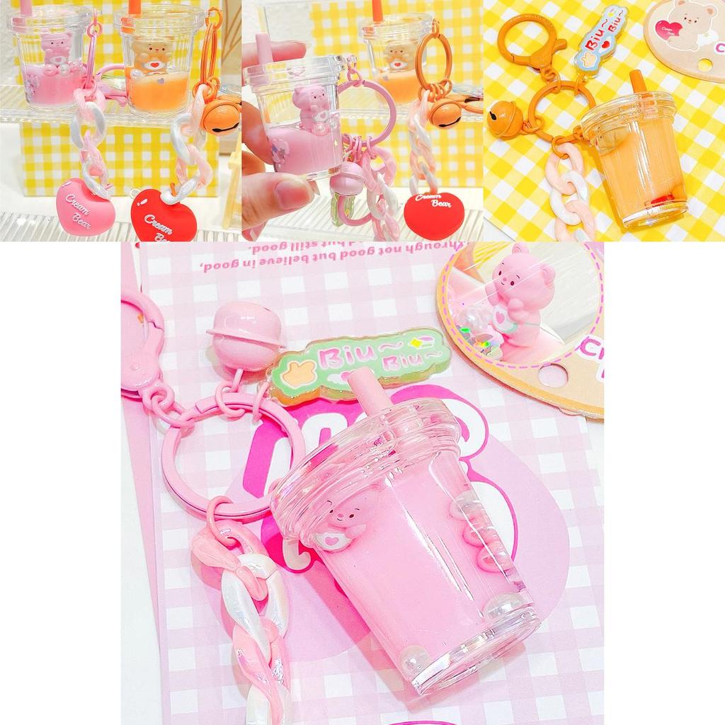 Delightful Orange Milk Tea Cup Keychain Featuring Cute Cream Bear Character Gift