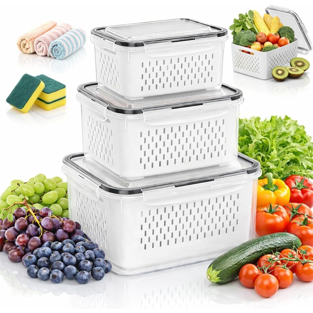 2026 4 In 1 Food Storage Container, Fruit Storage Containers for Fridge with Removable Colanders, Household Transparent Plastic Food Storage Box