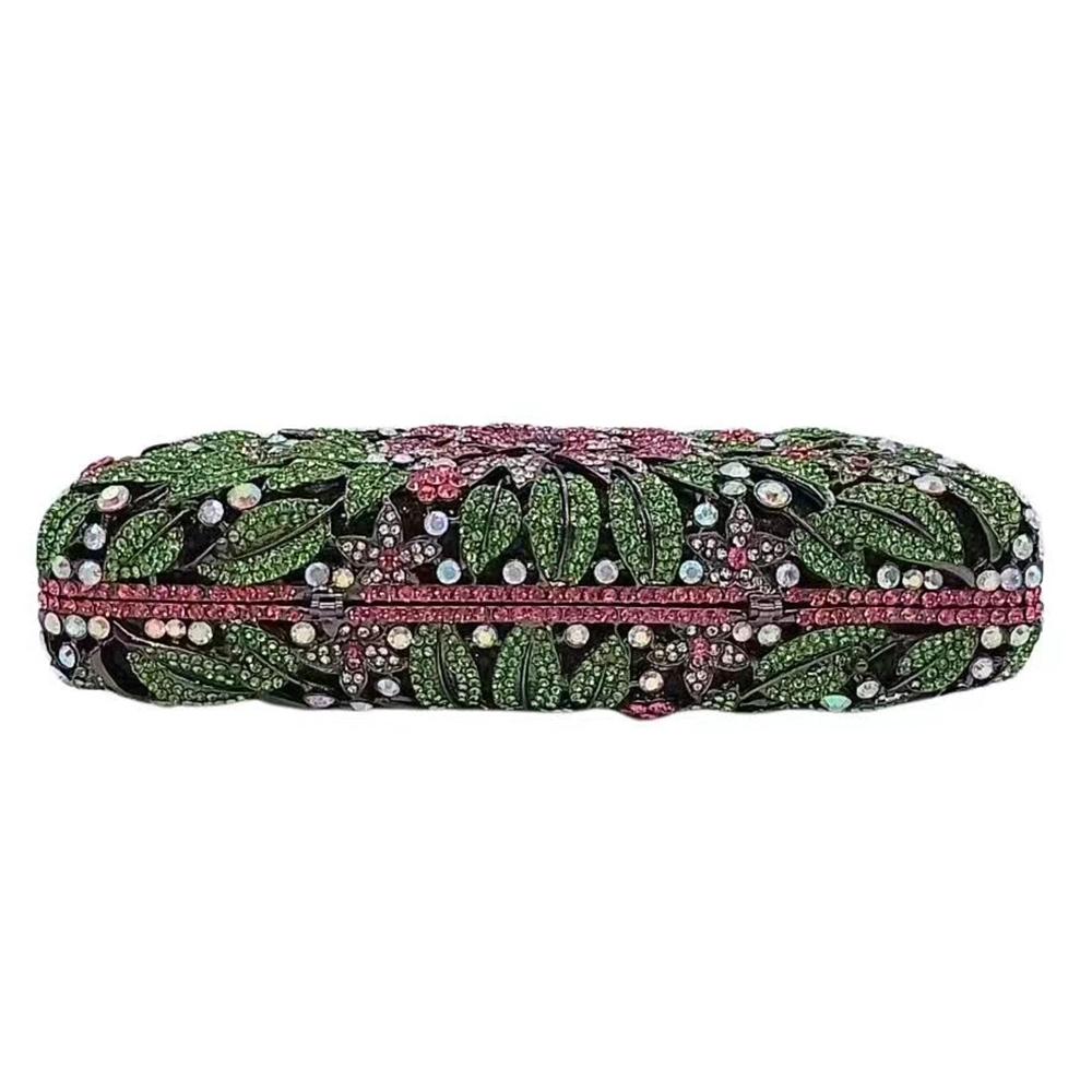 Green/Pink Flower Crystal Evening Bag Clutches Floral Wedding Party Bags Rhinestone Chain Clutch Handbags  Banquet Dinner Purses