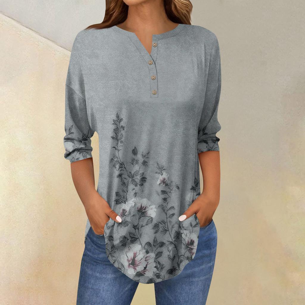 Tee Shirts For Women Fall Casual 3/4 Long Sleeve Button Shirts Sweatshirt Vintage  Top Pullover