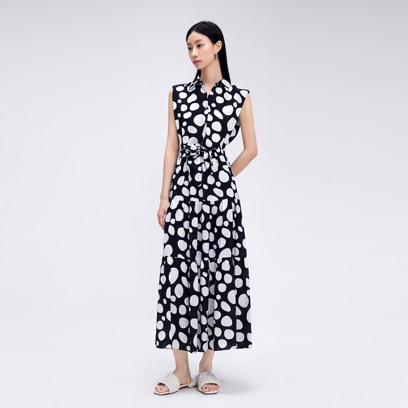 Women s Lapel Polka Dot Sleeveless Long Dress S
