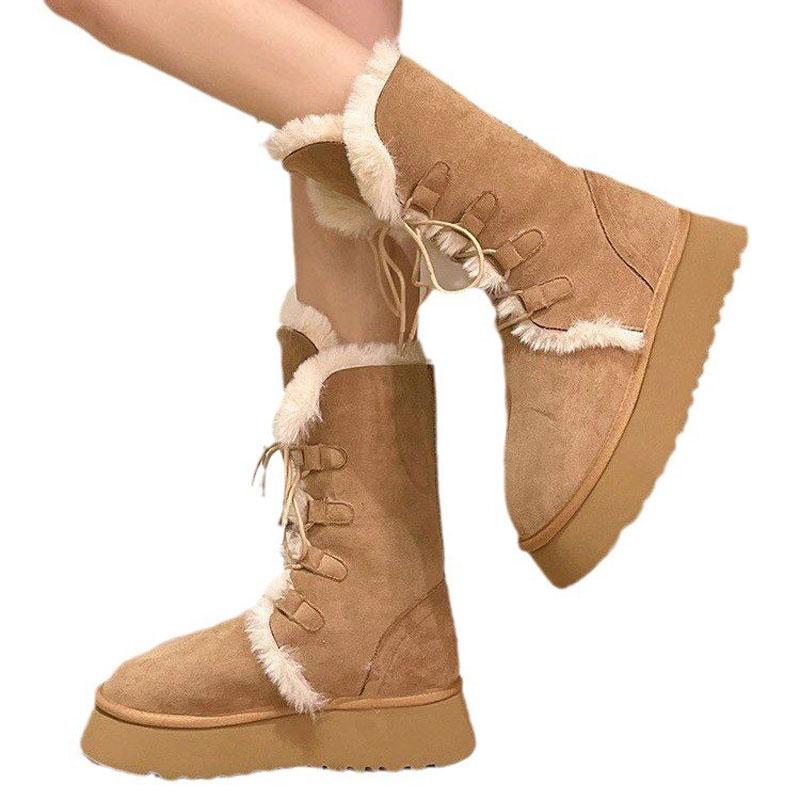 Mode Luxus Winter Damen Lang Plüsch Warm Schneestiefel Freizeitschuhe Neu Wildleder Fell Chelsea Stiefeletten Flats Plateau Damen Dicke Schuhe