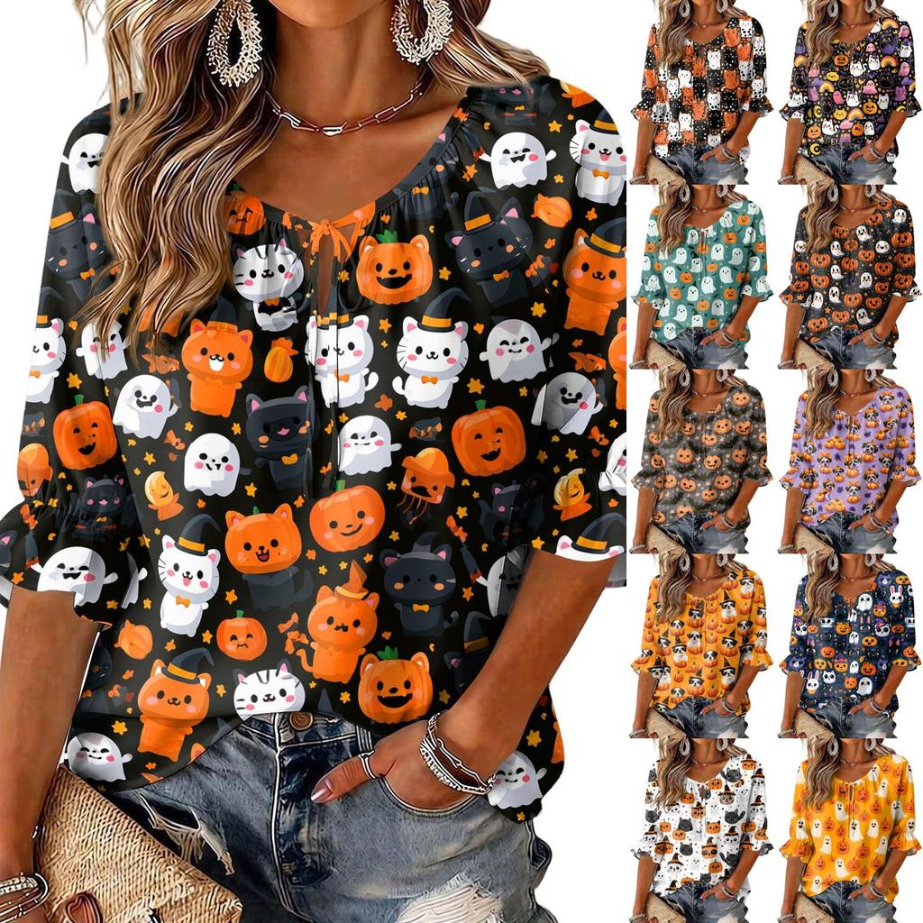Women's Halloween Print Round Neck Tie Front Ruffle Blouse Three-Quarter Sleeves