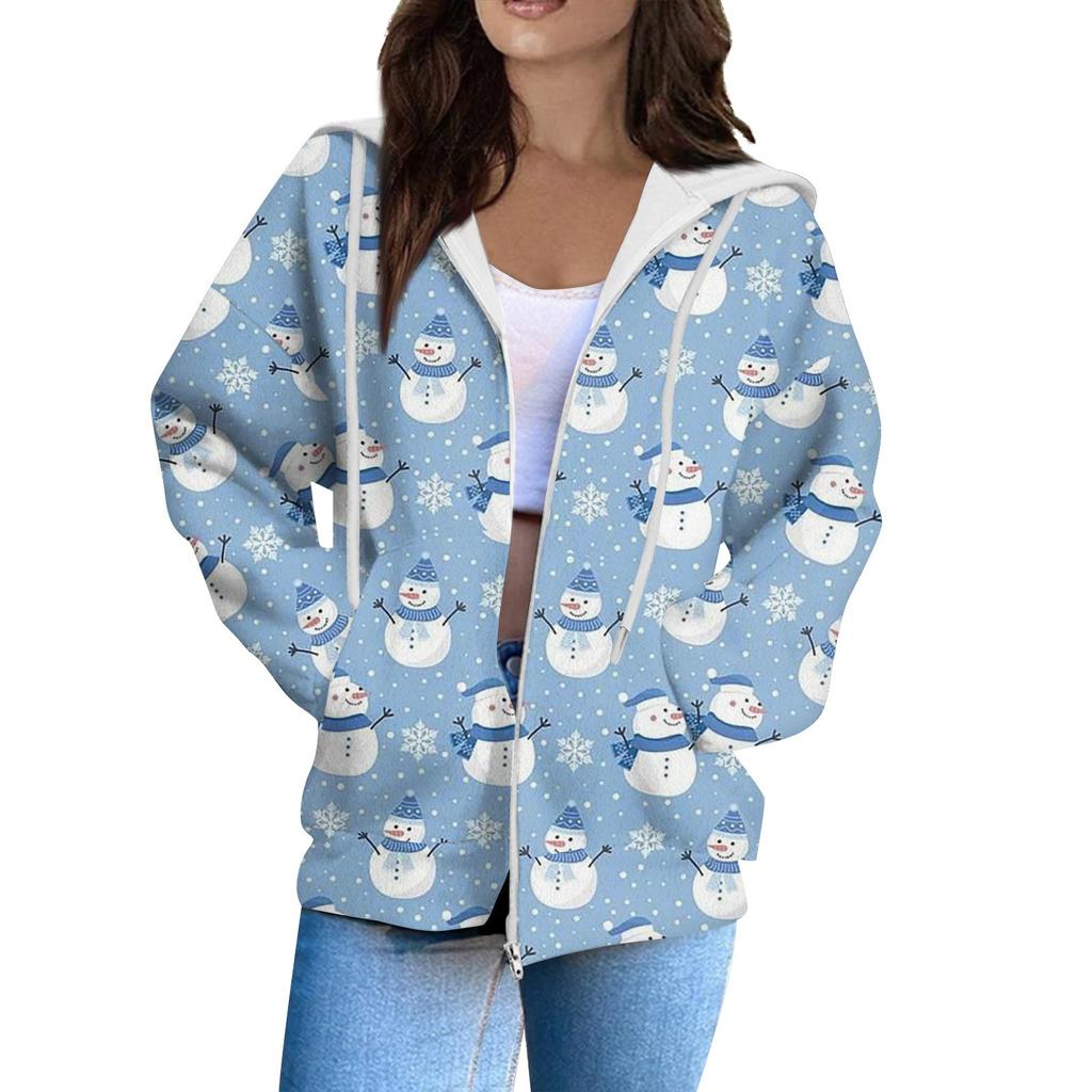 Damenmode Lässiger Langarm Weihnachtsdruck Strickjacke Mantel mit Tasche Reißverschluss