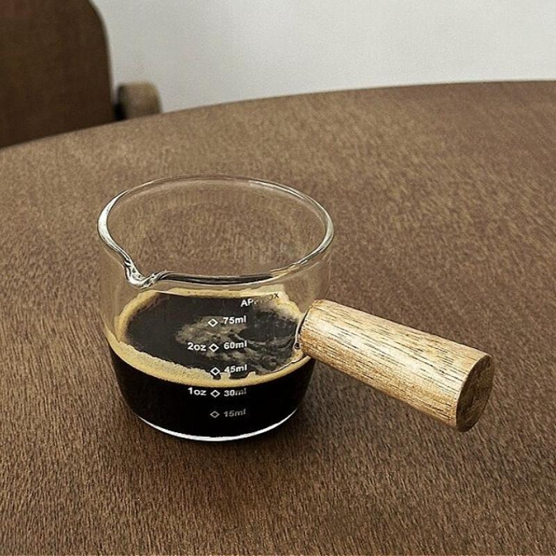 Glass Espresso Cup with Wooden Handle Single and Double Mouthed Coffee Cup Heat Resistant Small Glass Measuring Mug Latte Cup