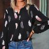 Ladies Fashion New Feather Print Notched Neck  Sleeve Blouse Long Sleeve Tops