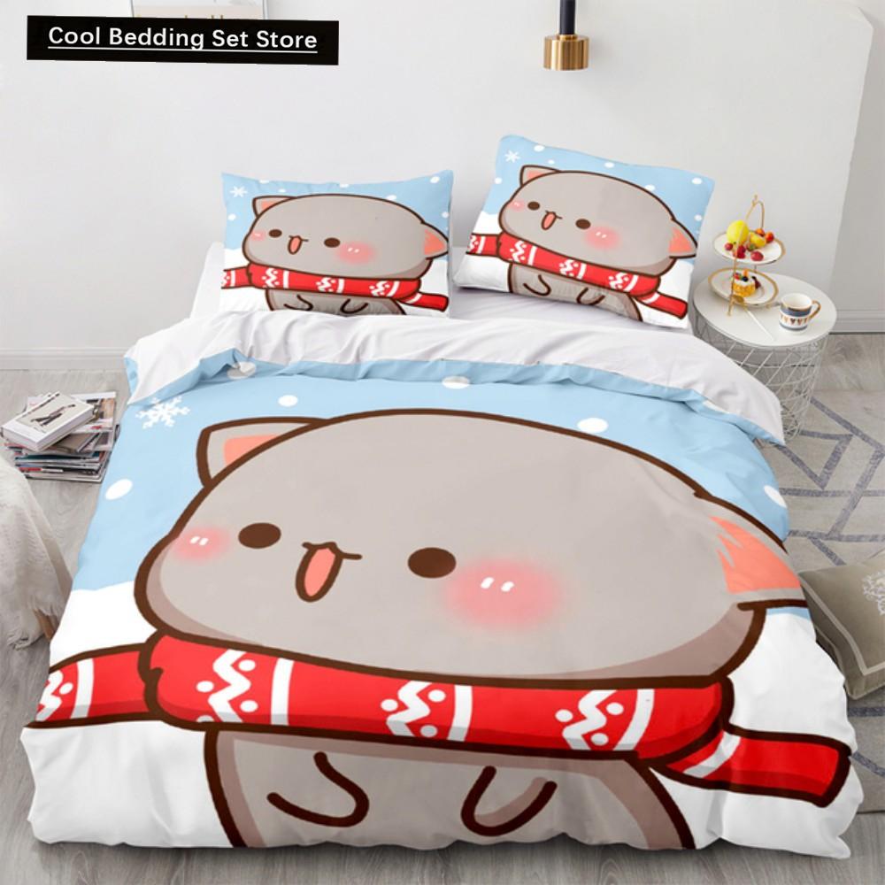 Lovely Peach Cat Bedding Set Cartoon Comforter Sets Double Queen King Twin Full Size Duvet Cover Set Kids Girls White Bed Linen