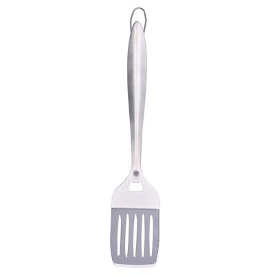 Stainless Steel Frying Spatula Silver Slotted Turner Portable Cooking Utensil with Long Grips Handle for Kitchen