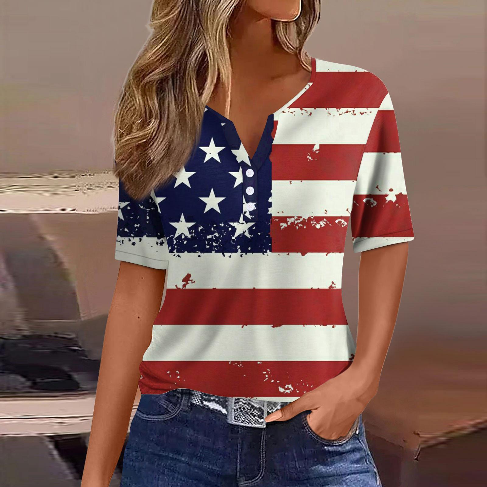 

Женская повседневная футболка с v-образным вырезом и короткими рукавами, украшенная пуговицами, с принтом в честь Дня независимости, топ S