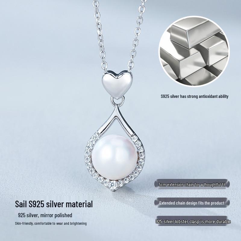 Korean Style Sterling Silver 925 Water Drop Heart Pearl Necklace - Light Luxury Gift for Girlfriend