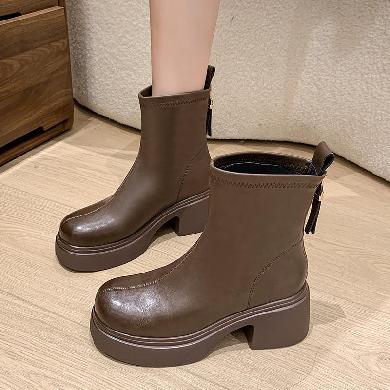 

Thick-soled high-heeled short boots women s 2025 autumn and winter after zipper thin boots thick heel not tired feet Chelsea Martin boots 35