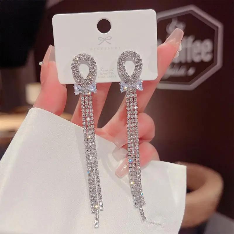 1 Pair Dangle Earrings Bowknot Shape Shining Rhinestones Lady Earrings Heart Imitation Pearls Tassel Jewelry Accessory