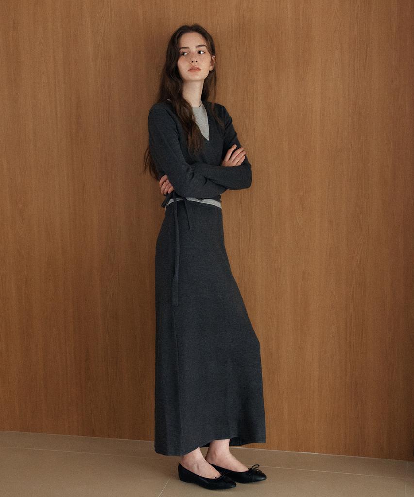 YUPPE [Set] Tie Wrap Knit Cardigan & Skirt_Charcoal