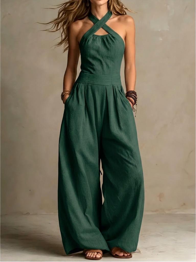 2026 summer new neck cross jumpsuit, European and American style waist back wide-leg pants, cross-border women's clothing