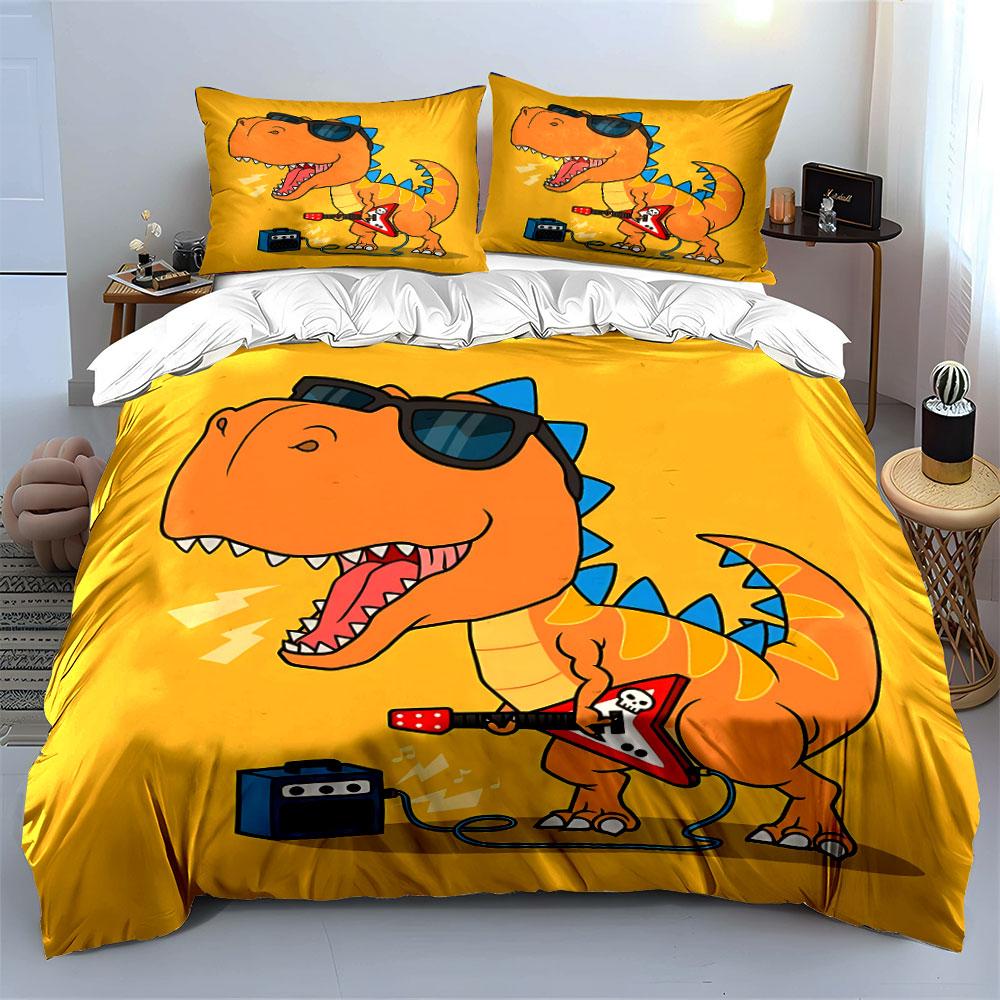 Cool Dinosaur Playing Guitar Bedding Duvet Cover Set Duvet Cover Pillowcases  (1*Duvet Cover 2*Pillowcases, Without Duvet Insert)