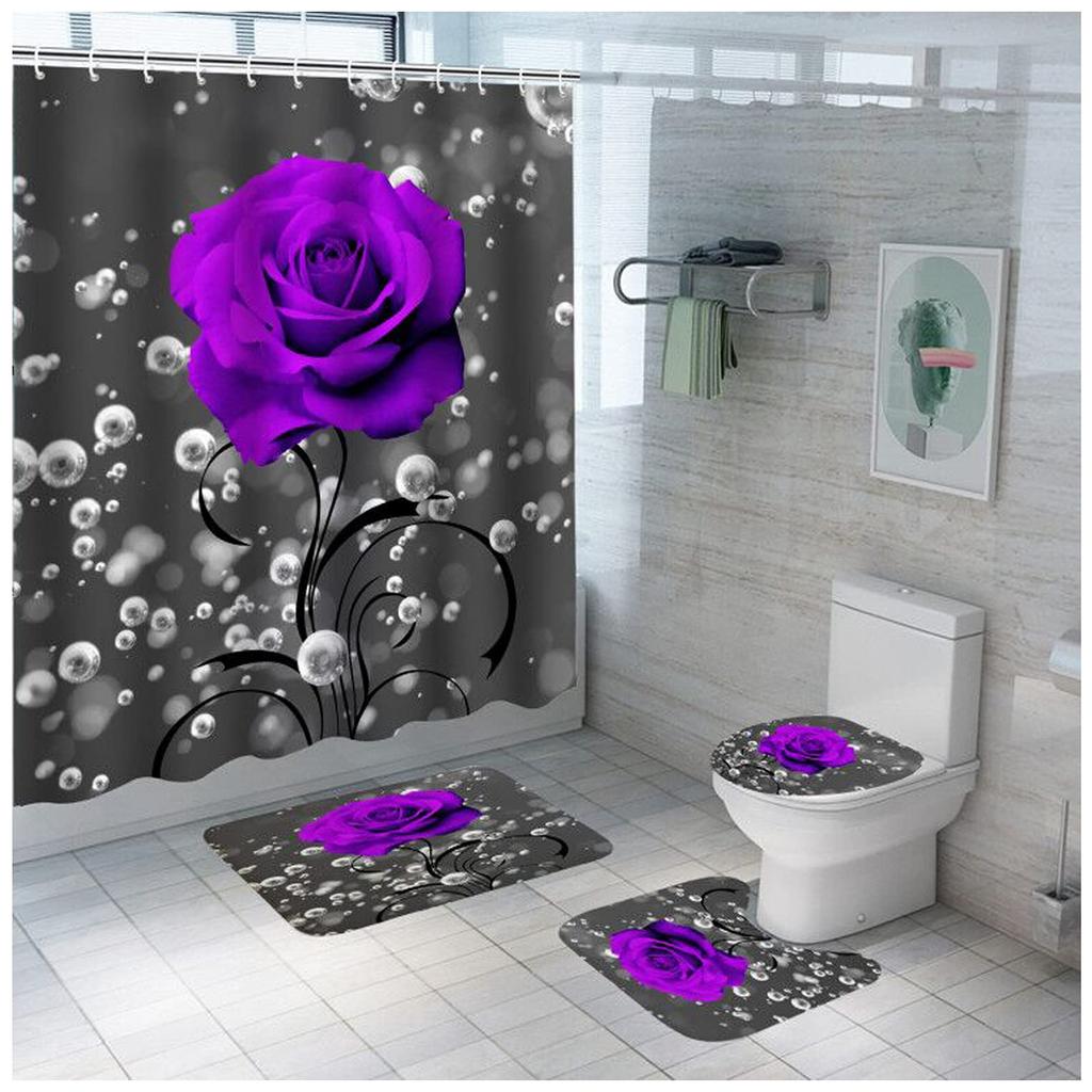 Purple Rose Moon Shower Curtain Waterproof Polyester Washable Non-Slip Mat Rugs Carpet Toilet Seat Cover Bathtub Bathroom Decor