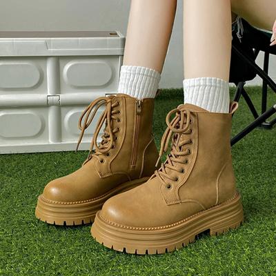 Mode Damen Schuhe im Sale 2024 Mode Seitlicher Reißverschluss Damen Stiefel Herbst Britischer Stil Runde Zehenpartie Einfarbig Kurzer Schaft Plateau Schnürstiefel