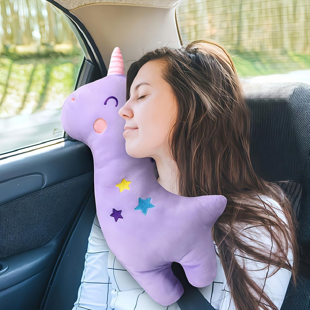 One pcs Travel pillow Soft purple and light-colored design with safety belt-style straps, portable cushion suitable for airplanes, cars, and offices