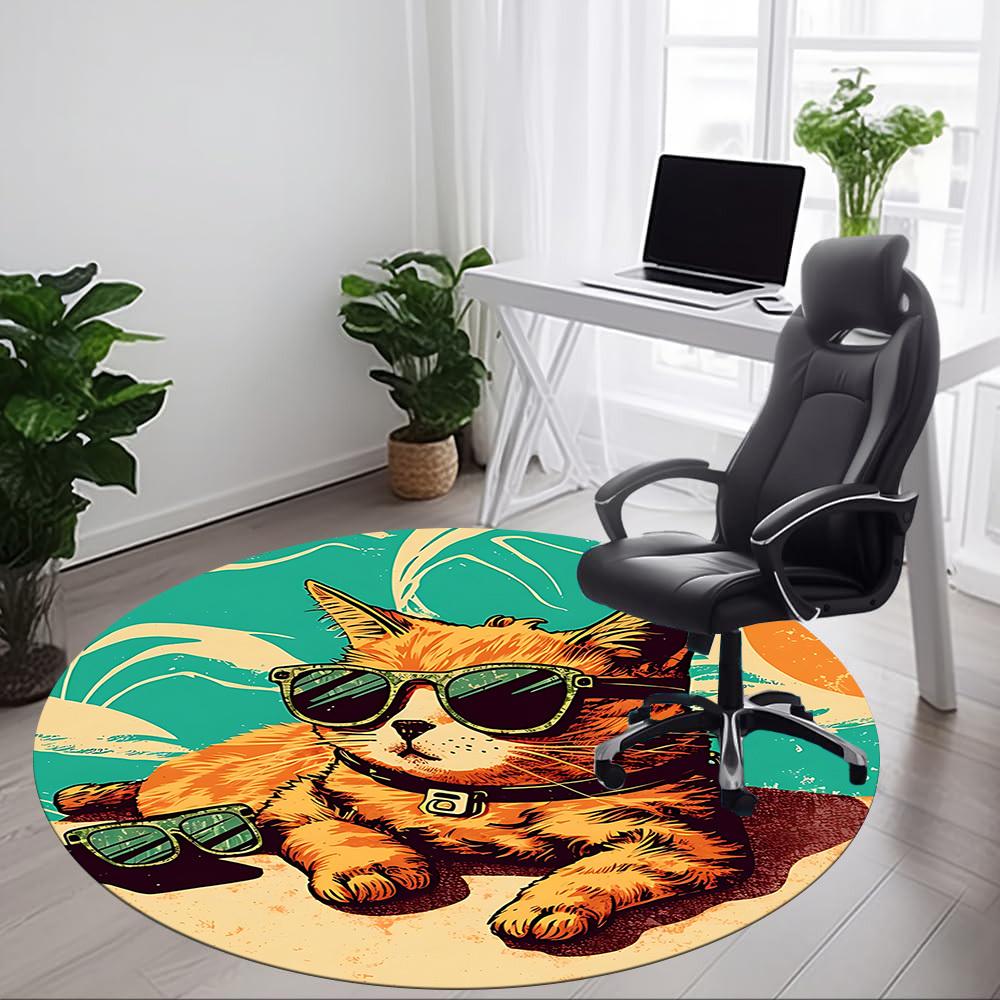 1pc Sunglasses Beach Cat Office Round Area Rug, Under Office Chairs Bedroom Living Room Home Decor, Room Deco