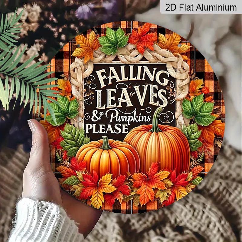 2D Flat, 1pc Round Aluminum Festive Fall Leaves & Pumpkins Wall Sign, Vintage Aluminium Decor for Home, Kitchen, Office, Garden, Garage, Christmas