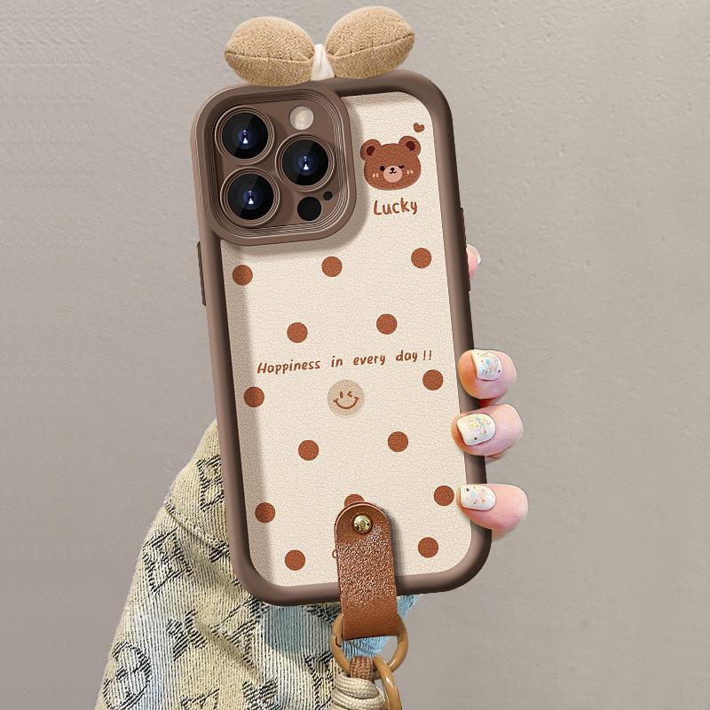 Polka Dot Bear Bow Lanyard Suitable for Apple 16 Lambskin Mobile Phone Case 15PRO Matte Silicone 14 Anti-fall X