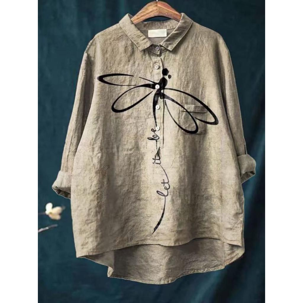 Ladies' Casual Loose Fit Floral Printed Button Up Shirt -Fish School Pattern