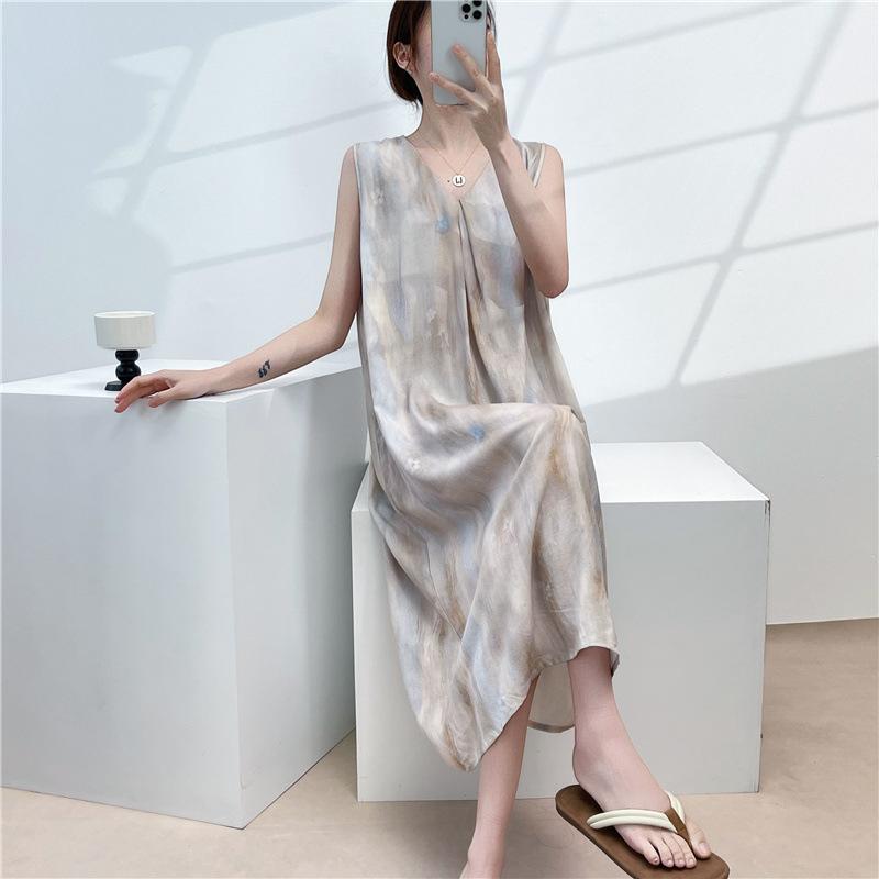 Cotton and silk sleeveless nightdress women's summer thin floral new super good-looking dress medium and long small fresh loungewear