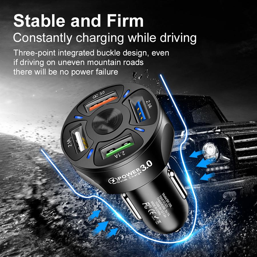 

4 Ports USB Car Charger Adapter LED Display QC 3.0 Fast Charging for IOS Android Black