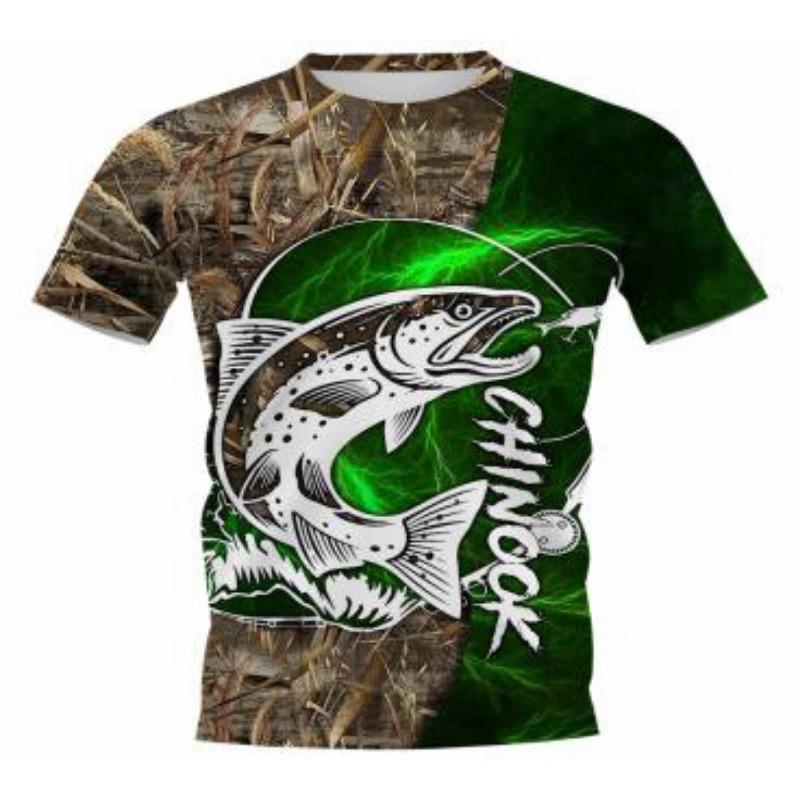 Summer Round Neck Fishing Pattern 3D Print Top Fashionable Casual Short Sleeved Men's T-shirts