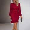 Spring and Autumn Women's Dress Solid Colour Bubble Sleeve Net Package Hip Dresses