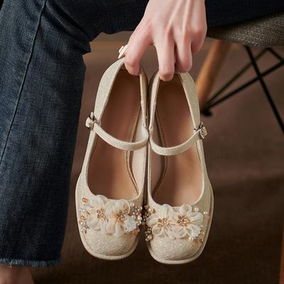Mode Printemps Nouvelles Chaussures Simples à Talons Épais pour Femmes Tête Carrée Bouche Peu Profonde Fleur Antidérapantes Résistantes à l'Usure Talons Hauts