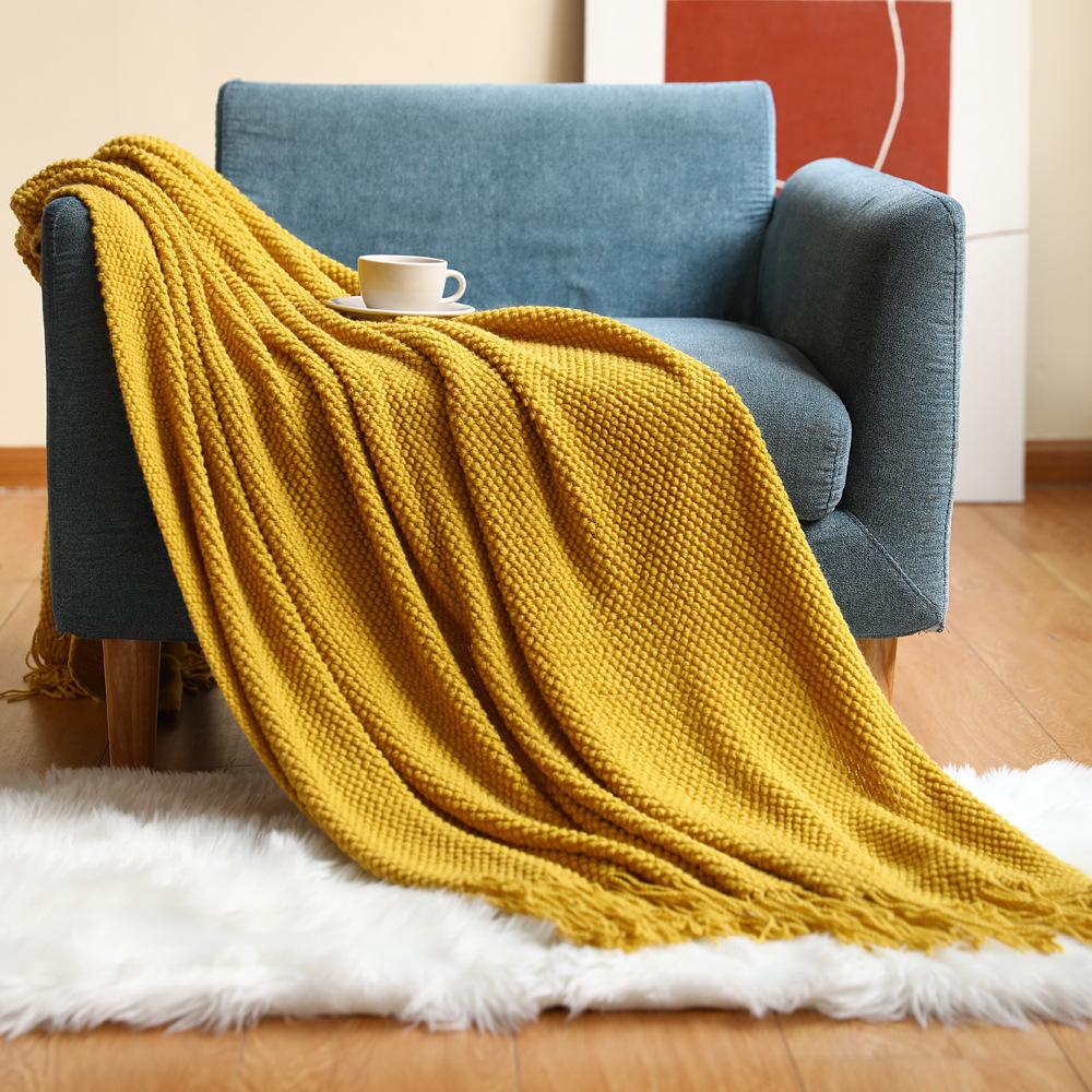 Nordic-style sofa throw blanket, office nap blanket, fringed knitted wool casual air conditioning thin blanket