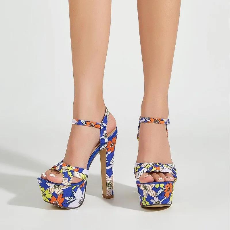 Mixed Colors Flowers Print Platform Sandals Women Weave Narrow Band Open Toe 14CM Super High Heels Party Banquet Dress Shoes