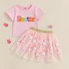 Roupa de Páscoa para Menina Bebê Bordado de Letras Tops de Manga Curta com Gola Careca com Saia A-line de Coelho de Paetês Conjunto de 2 Peças