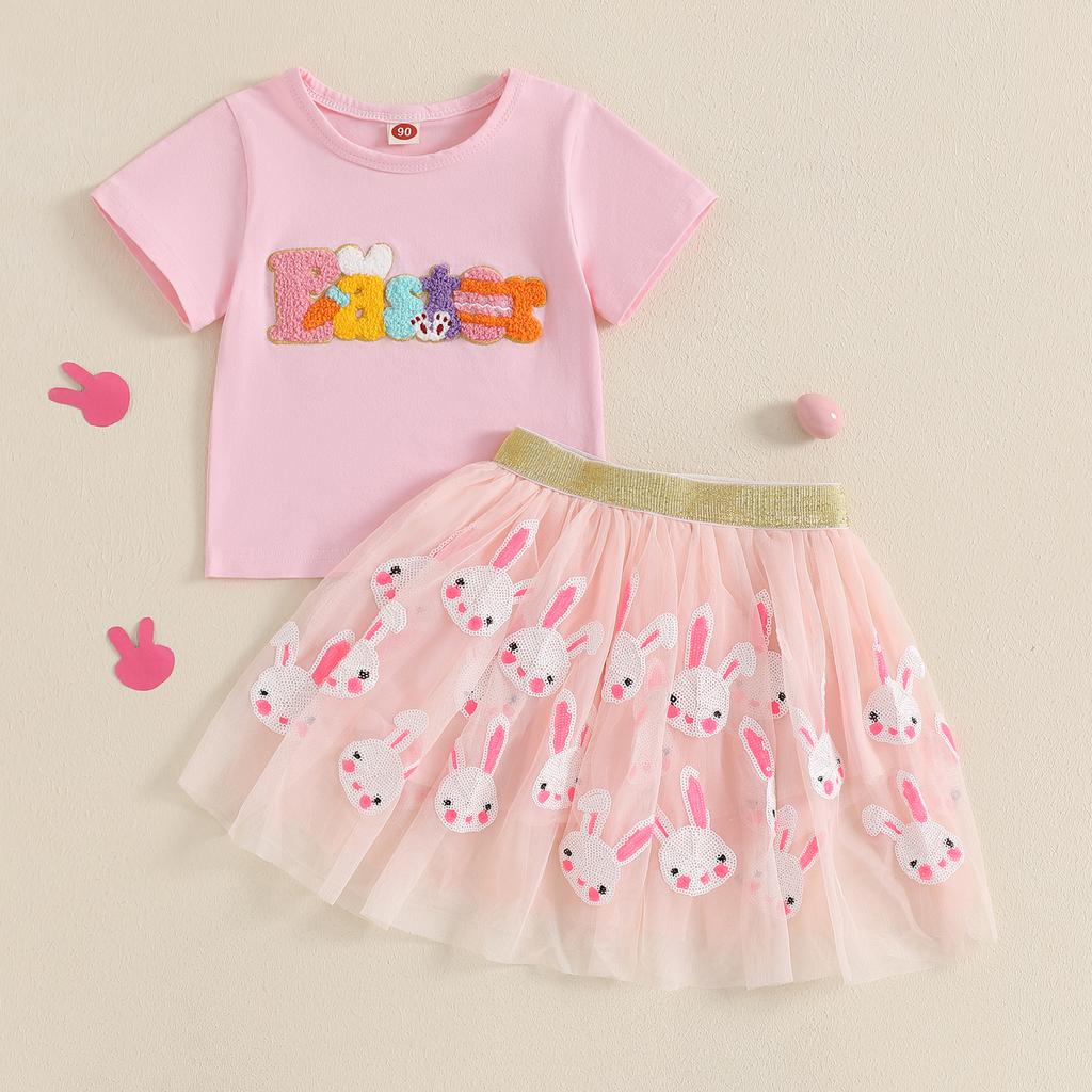 Toddler Girl Easter Outfit Letter Embroidery Short Sleeve Crew Neck Tops with Sequin Bunny A-Line Skirt 2Pcs Set