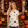 Women's V-Neck Short Sleeve Scrub Top with Pockets Halloween Print Caregiver Uniform
