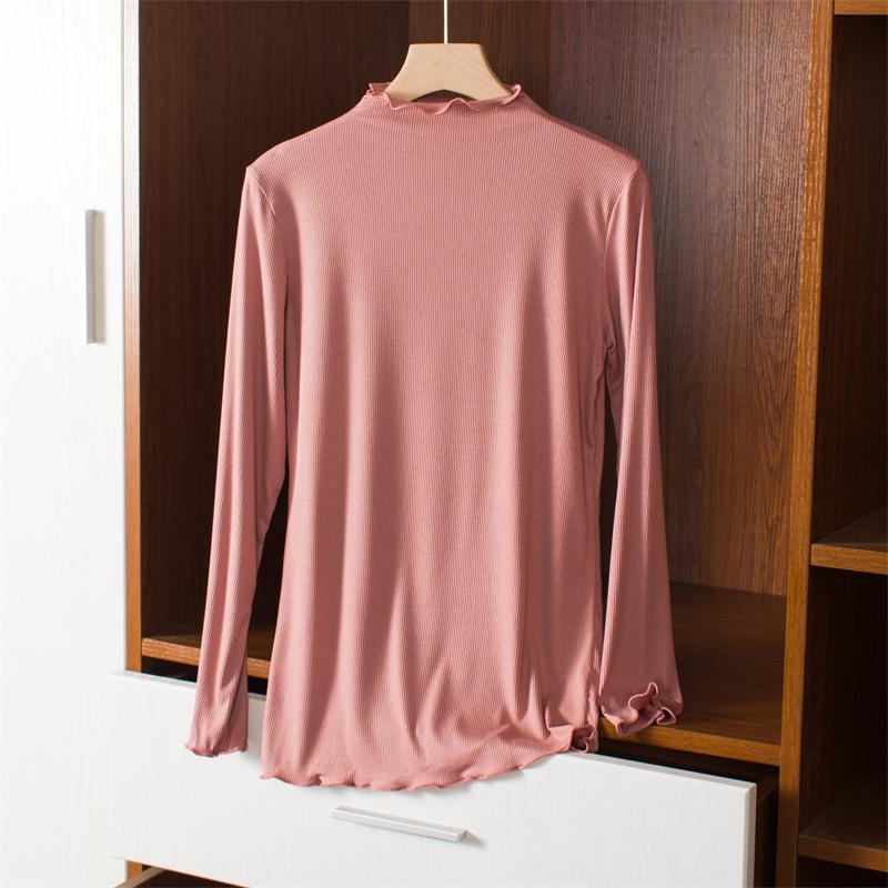 Women's Korean Style Modal Long Sleeve Base Layer T-shirt, Half-High Neck, Plus Size, Thin, Solid Color, Autumn Top