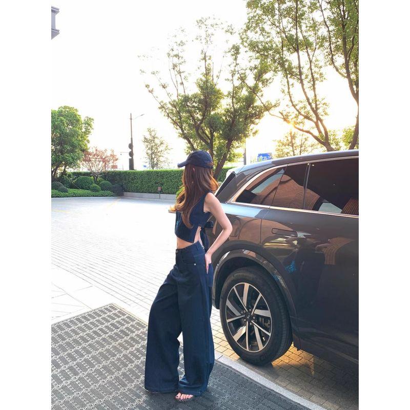 Kumikumi Fashion Set Back Lace-up Vest Top Women Summer High Waist Jeans Wide Leg Pants Two-piece Set