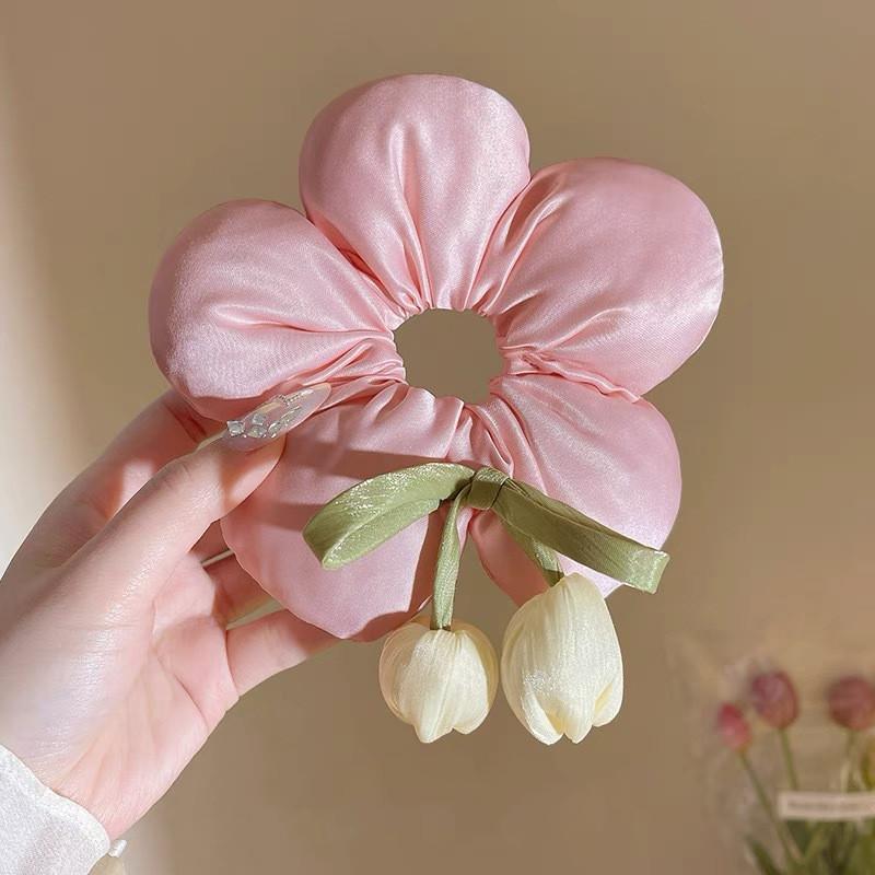 Spring Essentials Fabric Large Flower Hair Rope for Woman Fashion Bow Tassel Tulip Hair Ties Cute Girl Does Not Hurt The Hair Sc
